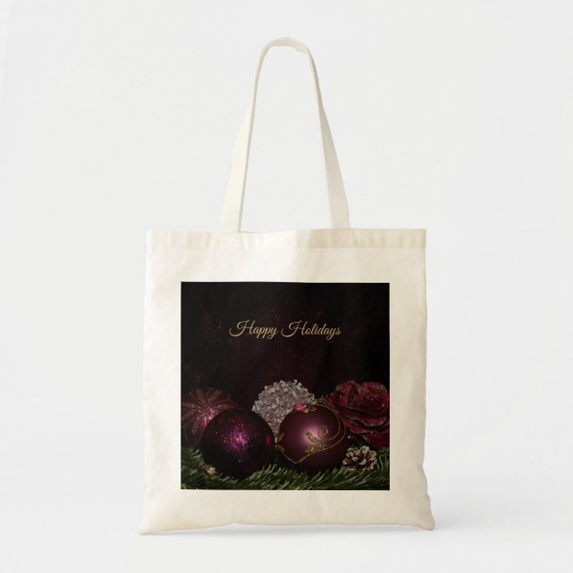 Tote Bag Christmas Party Pink Ornament Green Leaves Black (Devant)