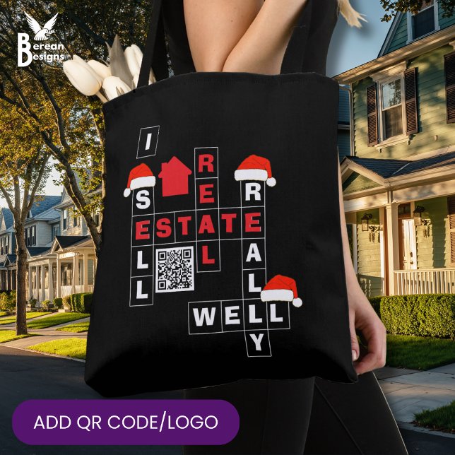 Tote Bag CHRISTMAS Real Estate SELL REALLY WELL QR Realtor (Fun Realtor I SELL REAL ESTATE REALLY WELL Christmas tote bag with crossword and custom QR code/logo)
