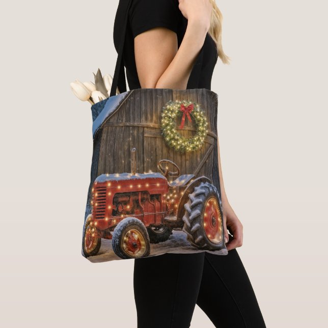 Tote Bag Christmas Red Farm Tractor With Glowing Wreath (De près)