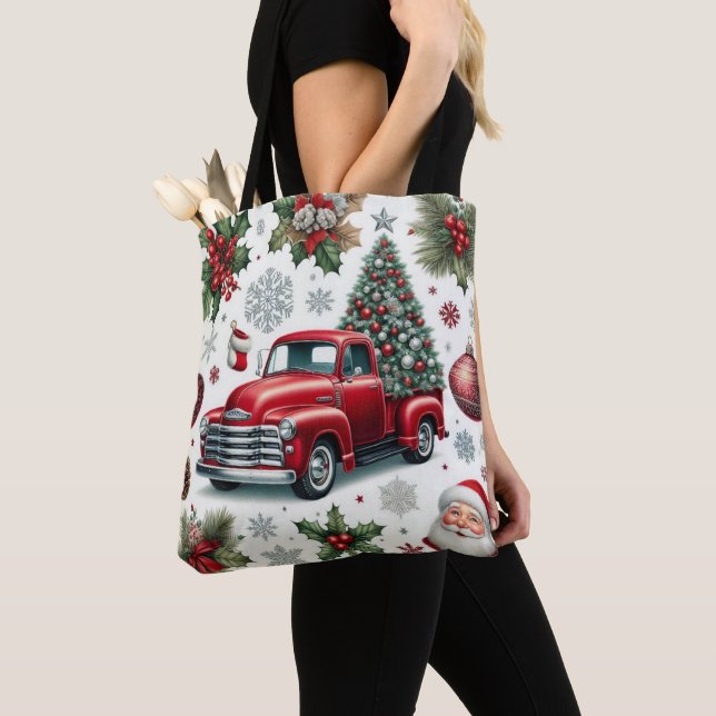 Tote Bag Christmas Red Truck and Santa Pattern  (De près)