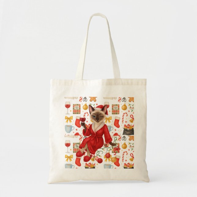 Tote Bag Christmas Siamese Cat is celebrating at home (Devant)