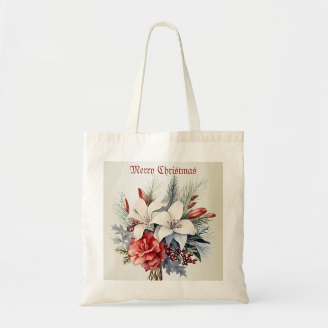 Tote Bag Christmas White Red Flowers Holidays Elegant (Devant)