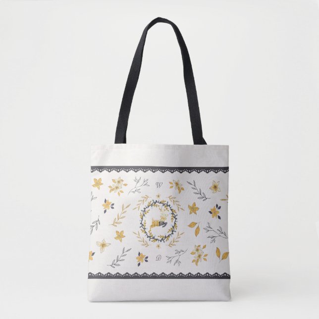Tote Bag Christmastime Deer Yellow Cream Floral Blue (Devant)