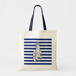 Tote Bag Chromes Style Lighthouse on Blue Nautical Stripes