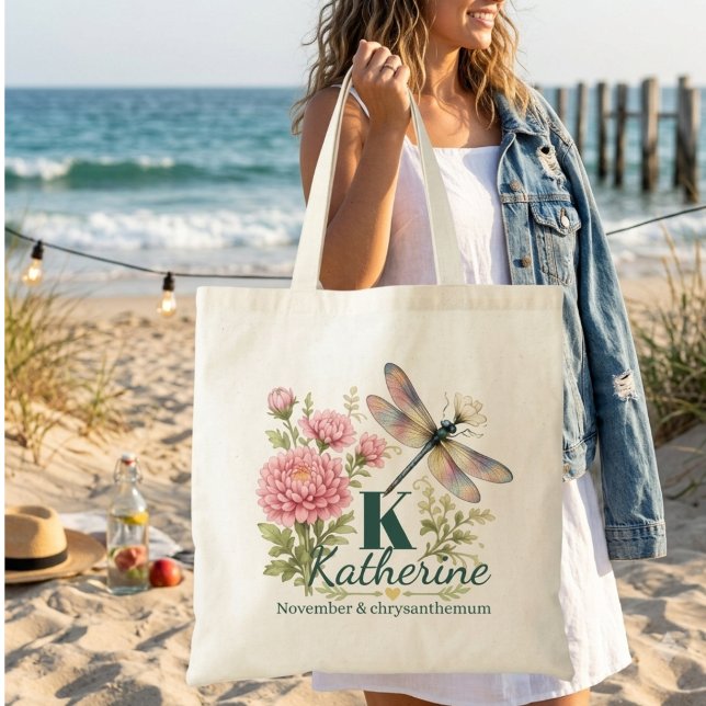 Tote Bag Chrysanthème et libellule, fleurs de naissance de  (Créateur téléchargé)
