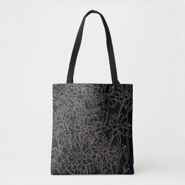 Tote Bag Chrysanthème fleurs de jardin art noir & vieux mét (Devant)
