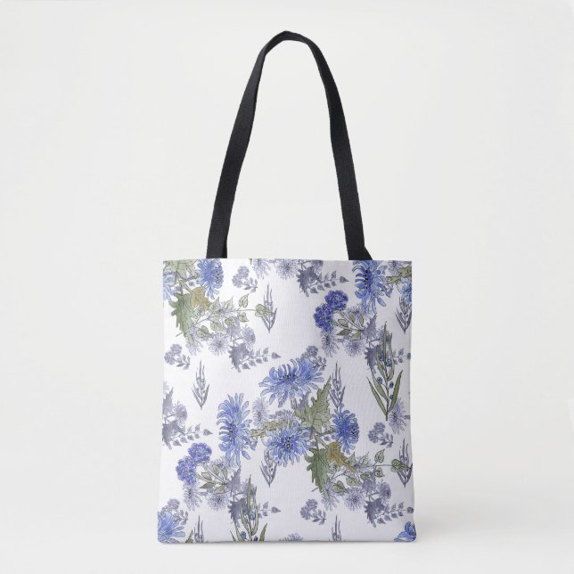 Tote Bag Chrysanthèmes bleus, aquarelle (Devant)