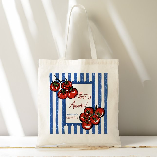 Tote Bag Ciao bella tomato Italian bridal shower favor gift (Ciao bella that's amore tomato blue stripes Italian bridal shower favor gifts personalized Tote Bag)
