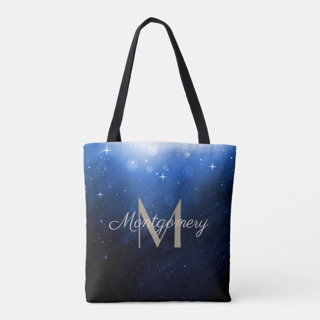 Tote Bag Ciel nocturne étoilé, Fleurs de vigne d'or Monogra (Dos)