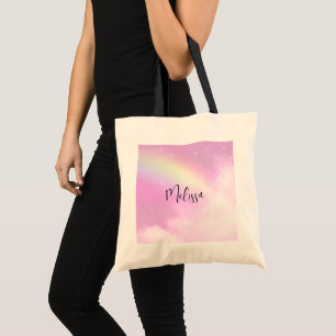 Tote Bag Ciel rose pastel avec arc-en-ciel jaune