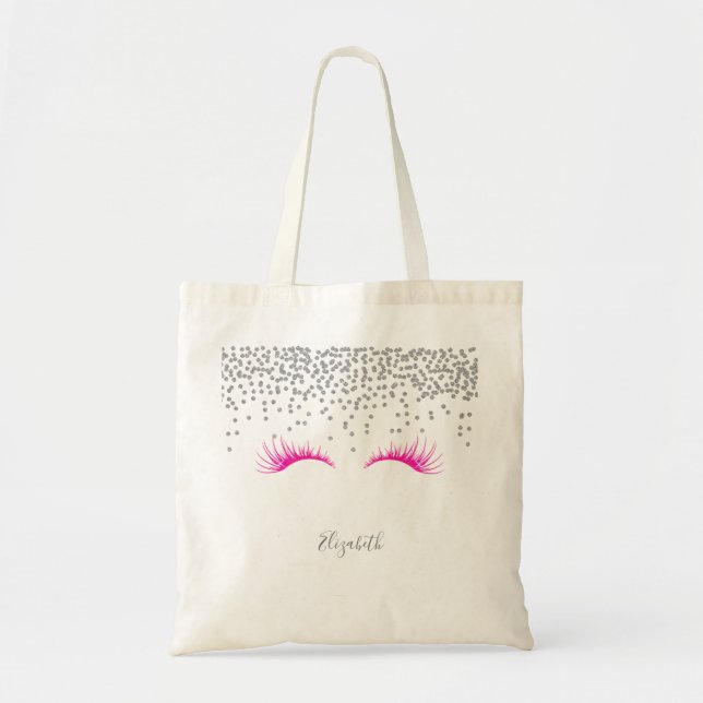 Tote Bag Cils Faux Chic Élégant, Diamants Argentés (Devant)