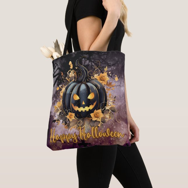 Tote Bag Cimetière de citrouilles Jack-O' Lantern noires Jo (De près)