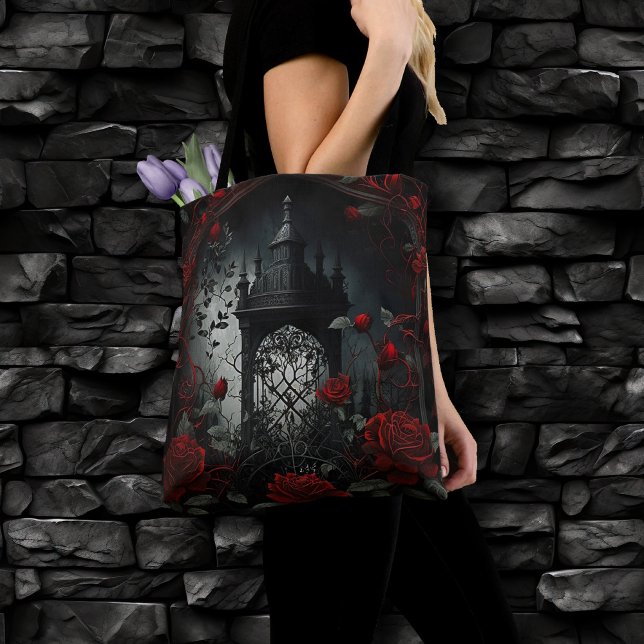 Tote Bag Cimetière gothique Jardin Rose avec Rouge et Noir (Créateur téléchargé)
