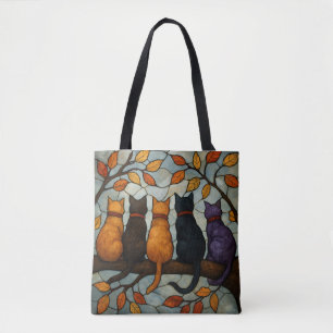 Tote Bag Cinq chats sur une branche d'arbre de style vitrai