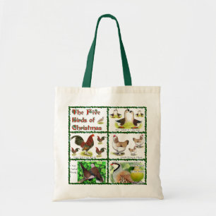 Tote Bag Cinq oiseaux de Noël