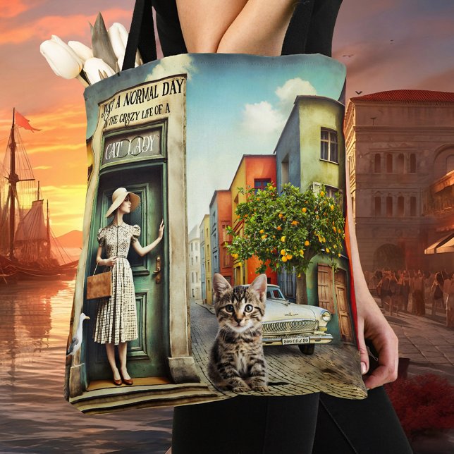 Tote Bag Cinquante Art Art Crazy Cat Lady (Tote bag featuring a fine art painting of an elegant lady in a surreal city scene with a cat)