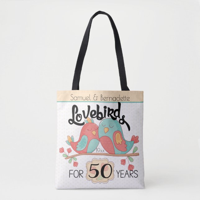 Tote Bag cinquantième Perruches d'anniversaire de mariage (Devant)
