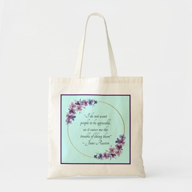 Tote Bag Citation de Jane Austen avec cadre doré et fleurs  (Devant)