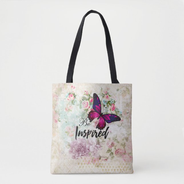 Tote Bag Citation inspirée et collage de papillon rose (Devant)