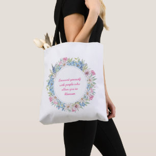 Tote Bag Citation Motivationnelle Pink Blanc Bleu Floral Wr