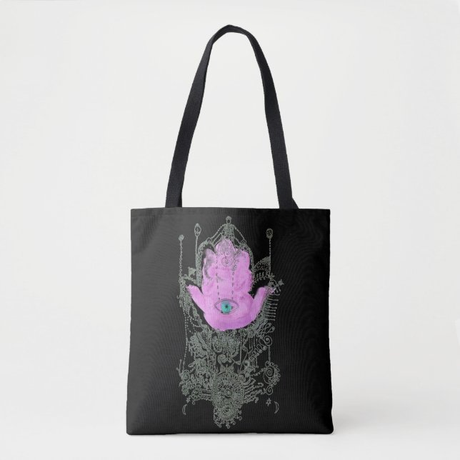 Tote Bag Citation violette Hamsa Talmud sur noir (Devant)