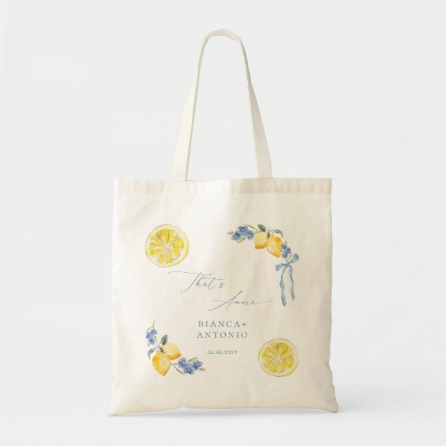 Tote Bag Citations Amore Nœud Bleu Citrons Cadeau de Mariag (Devant)