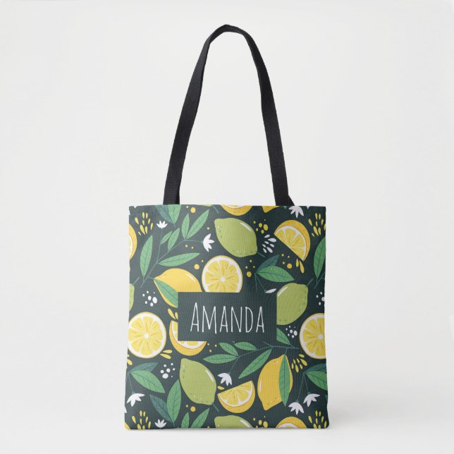 Tote Bag Citron et Limon Motif de fruits en vert et jaune (Devant)
