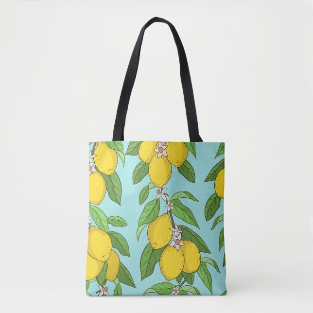 Tote Bag Citrons, Arrière - plan Bleu Vibrant sans couture. (Devant)