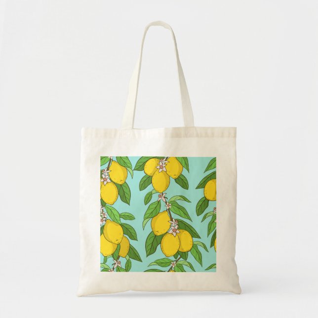 Tote Bag Citrons, Arrière - plan Bleu Vibrant sans couture. (Devant)