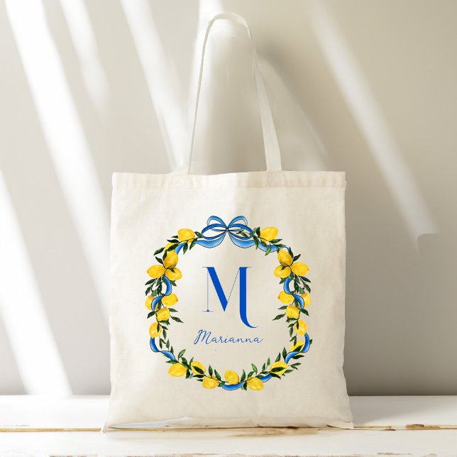 Tote Bag Citrons bleu arc-de-cercle personnalisés cadeaux (Lemons blue bow ribbon personalized bridesmaids gifts monogrammed tote bag)
