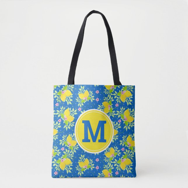 Tote Bag Citrons bleus et jaunes d'été motifs floraux (Devant)