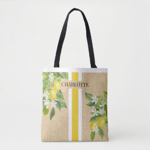 Tote Bag Citrons et fleurs Monogram Faux Burlap Jute