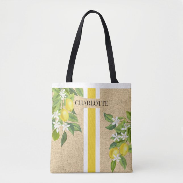 Tote Bag Citrons et fleurs Monogram Faux Burlap Jute (Devant)