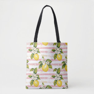 Tote Bag Citrons et fleurs vintages sur bandes rose et blan