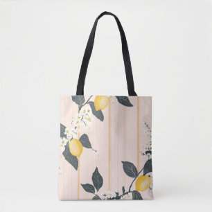 Tote Bag Citrons et fleurs vintages sur bandes roses