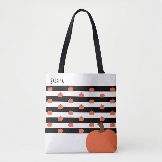 Tote Bag Citrouille avec bandes blanches et noires - Person (Devant)