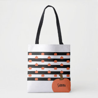 Tote Bag Citrouille avec rayures blanches et noires - Perso