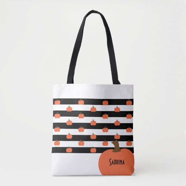 Tote Bag Citrouille avec rayures blanches et noires - Perso (Devant)