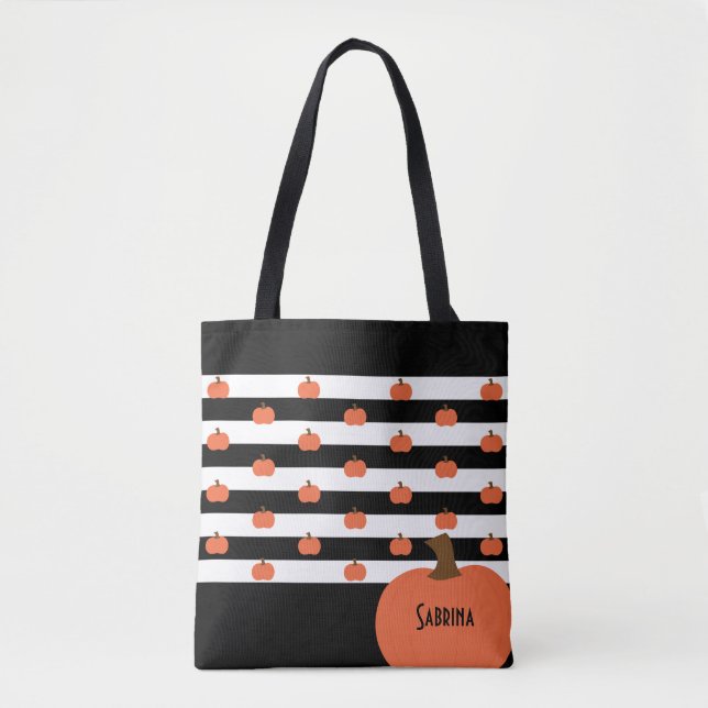 Tote Bag Citrouille avec rayures noires et blanches - Perso (Devant)