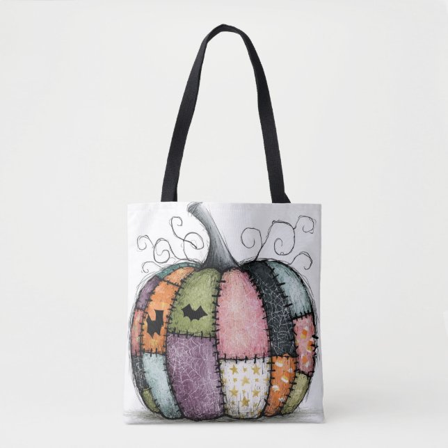 Tote Bag Citrouille blanche patchwork fantaisiste Halloween (Devant)