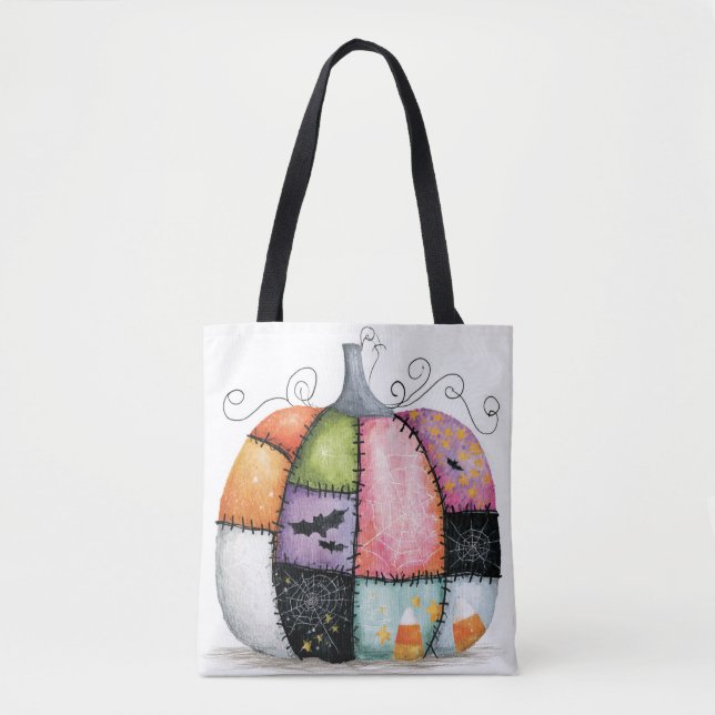 Tote Bag Citrouille blanche patchwork Halloween (Devant)