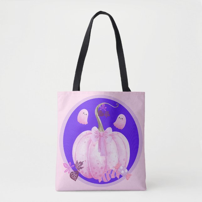 Tote Bag Citrouille Coquette Halloween Rose avec Fantômes (Devant)