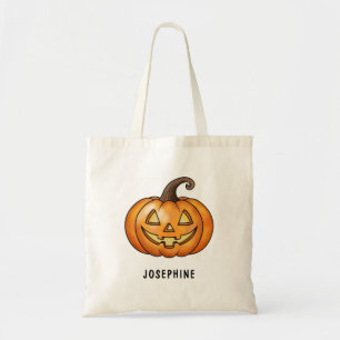 Tote Bag Citrouille de dessin animé orange avec nom Hallowe