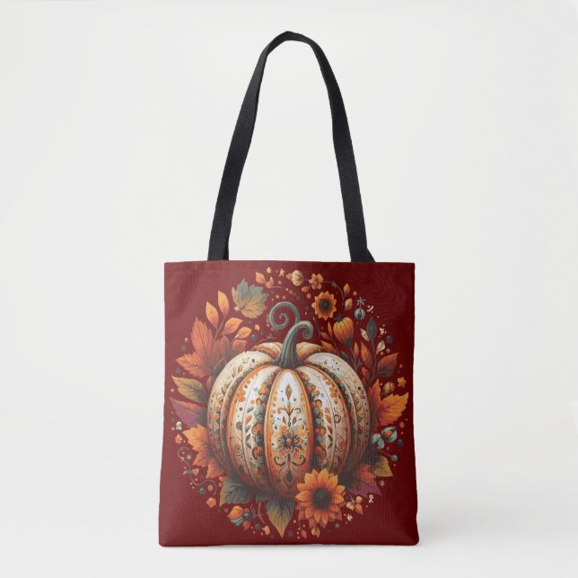 Tote Bag Citrouille décoratif d'Halloween avec fleurs Feuil (Devant)