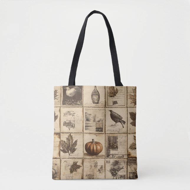 Tote Bag Citrouille feuille d'érable récolte ancienne Sépia (Devant)