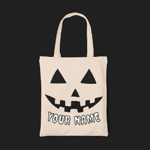 Tote Bag Citrouille Halloween Personnalisée Nom Noir & Blan