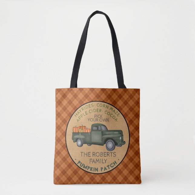 Tote Bag Citrouille Patch Farm Rustic Fall Plaid Camion Vin (Devant)