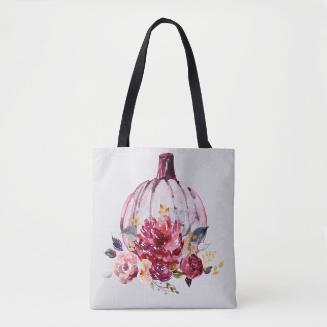 Tote Bag Citrouille rose automne aquarelle fleurie automne  (Devant)