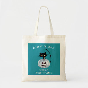 Tote Bag Citrouille turquoise Halloween Chat noir Allergie