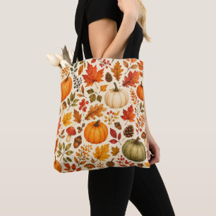 Tote Bag Citrouilles aquarelles d'automne, feuilles d'autom